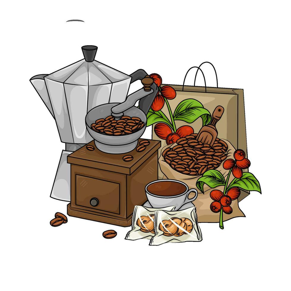 grinder, coffee beans, coffee drink, coffee fruit, paperbag with pastry illustration vector