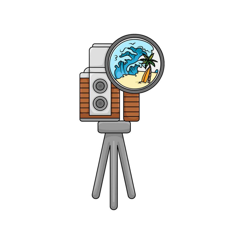 camera photo in tripod with  picture beach illuustration vector