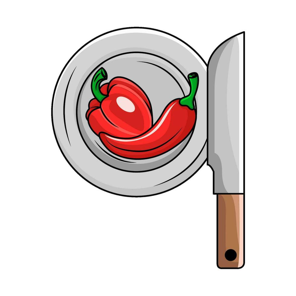 chilli, peppers in plate with knife illustration vector