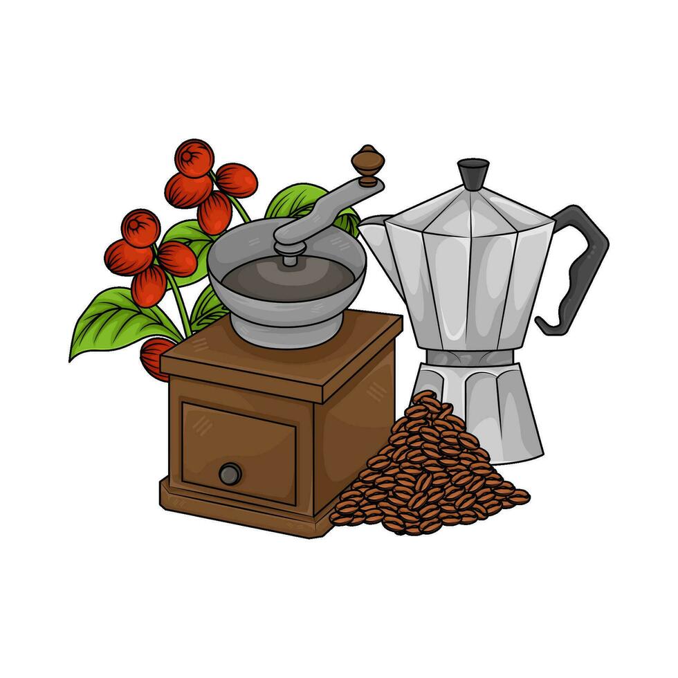 grinder,  coffee beans with coffee fruit illustration vector