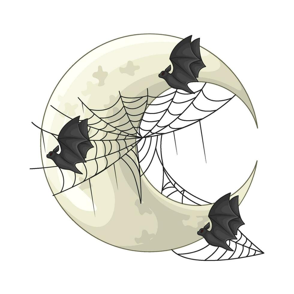 moon, spider with bat illustration vector