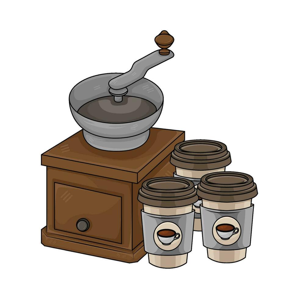 grinder with cup coffee drink illustration vector