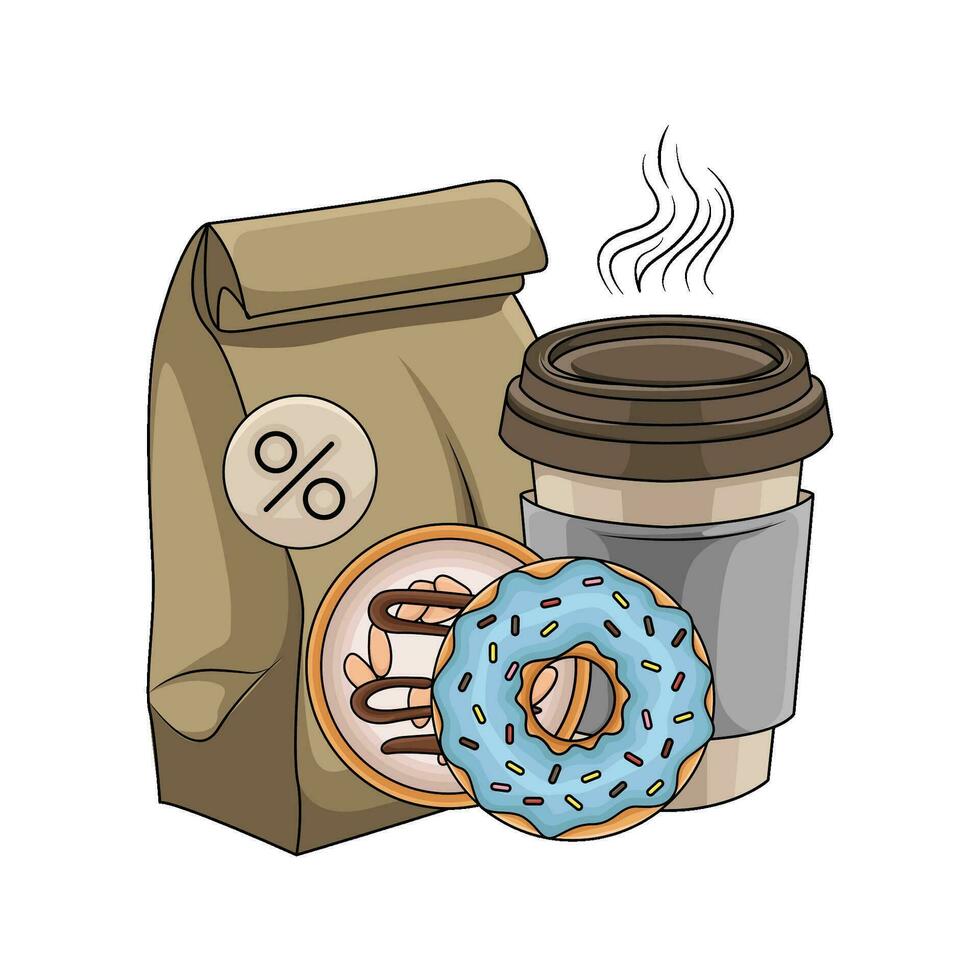 embalaje, rosquilla con taza café bebida ilustración vector