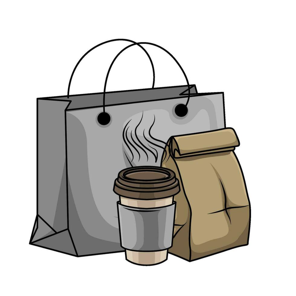 bolsa de papel con taza café bebida ilustración vector