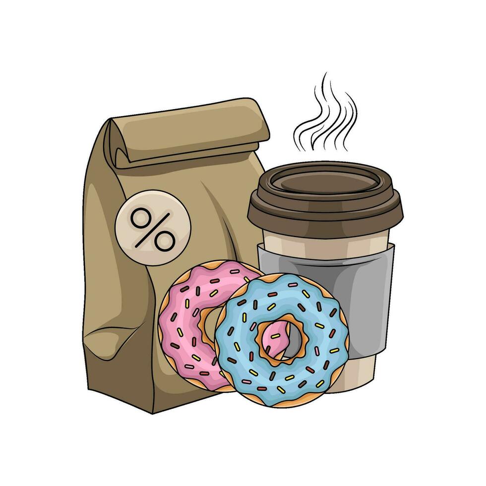 packaging, donut with cup coffee drink illustration vector