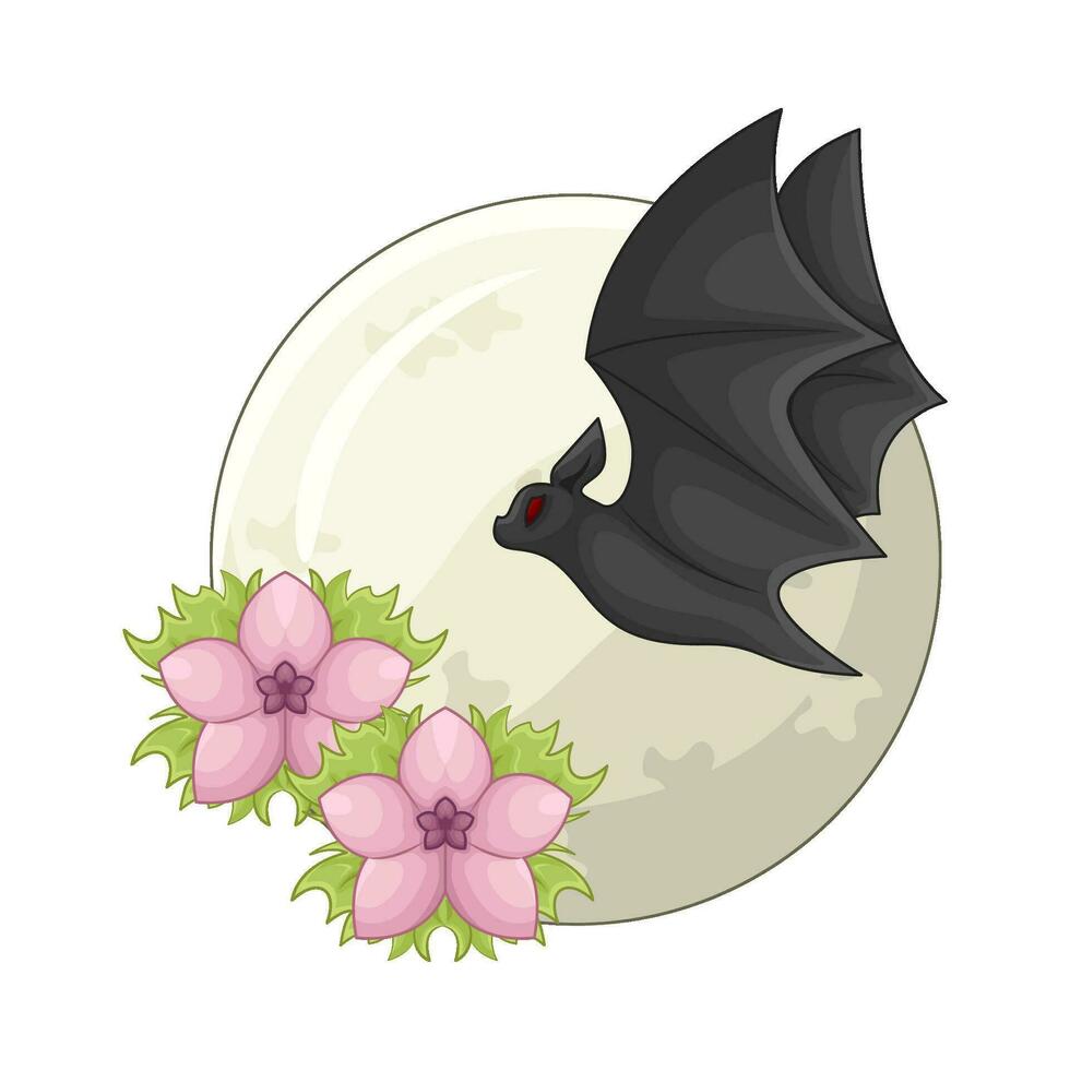 bat fly with flower in full moon illustration vector