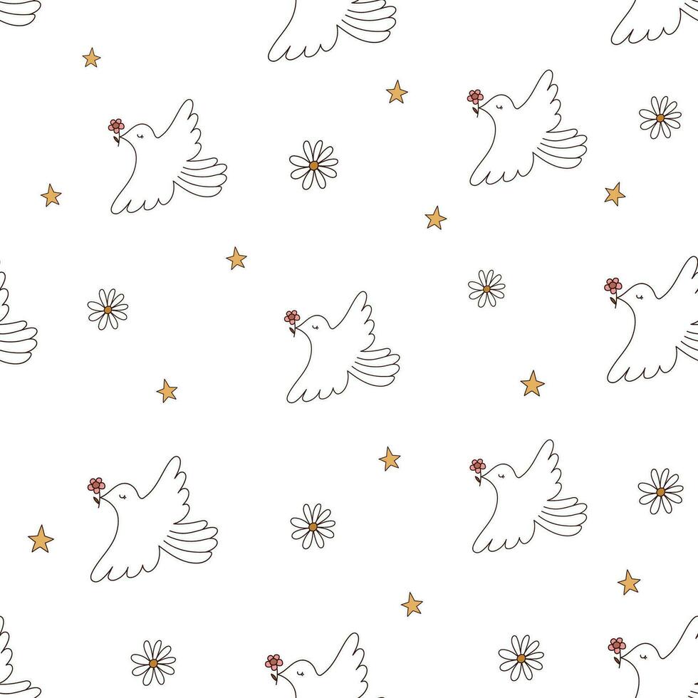Cute Hand Drawn Vector Seamless Patterns with pigeons. A symbol of peace. Sweet Infantile Style Print with Flying Doves ideal for Fabric, Textile, Wrapping Paper.