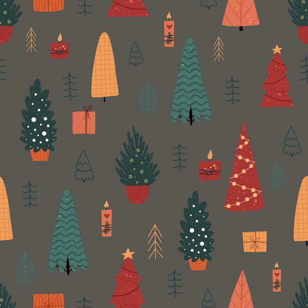 Navidad sin costura patrón, con un árbol, un pino árbol, un festivo atmósfera, un magia bosque. vector
