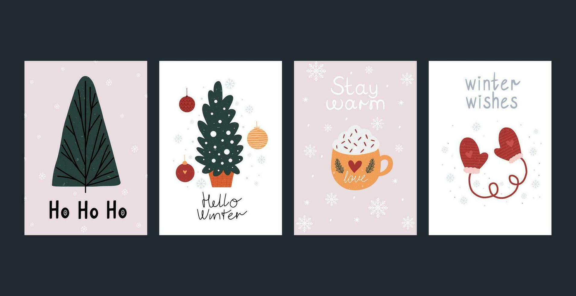 Hand drawn winter holiday cards. Merry Christmas card with lettering, mittens, coffee, cocoa, and Christmas tree. Merry Christmas. Happy New Year. Invitation cards with quotes. vector