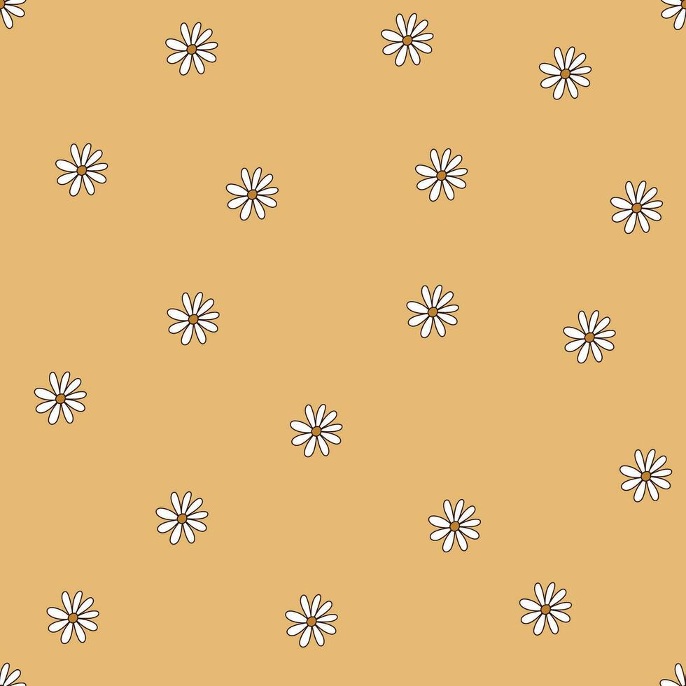 Vector floral seamless pattern in doodle style with cute retro flowers chamomile