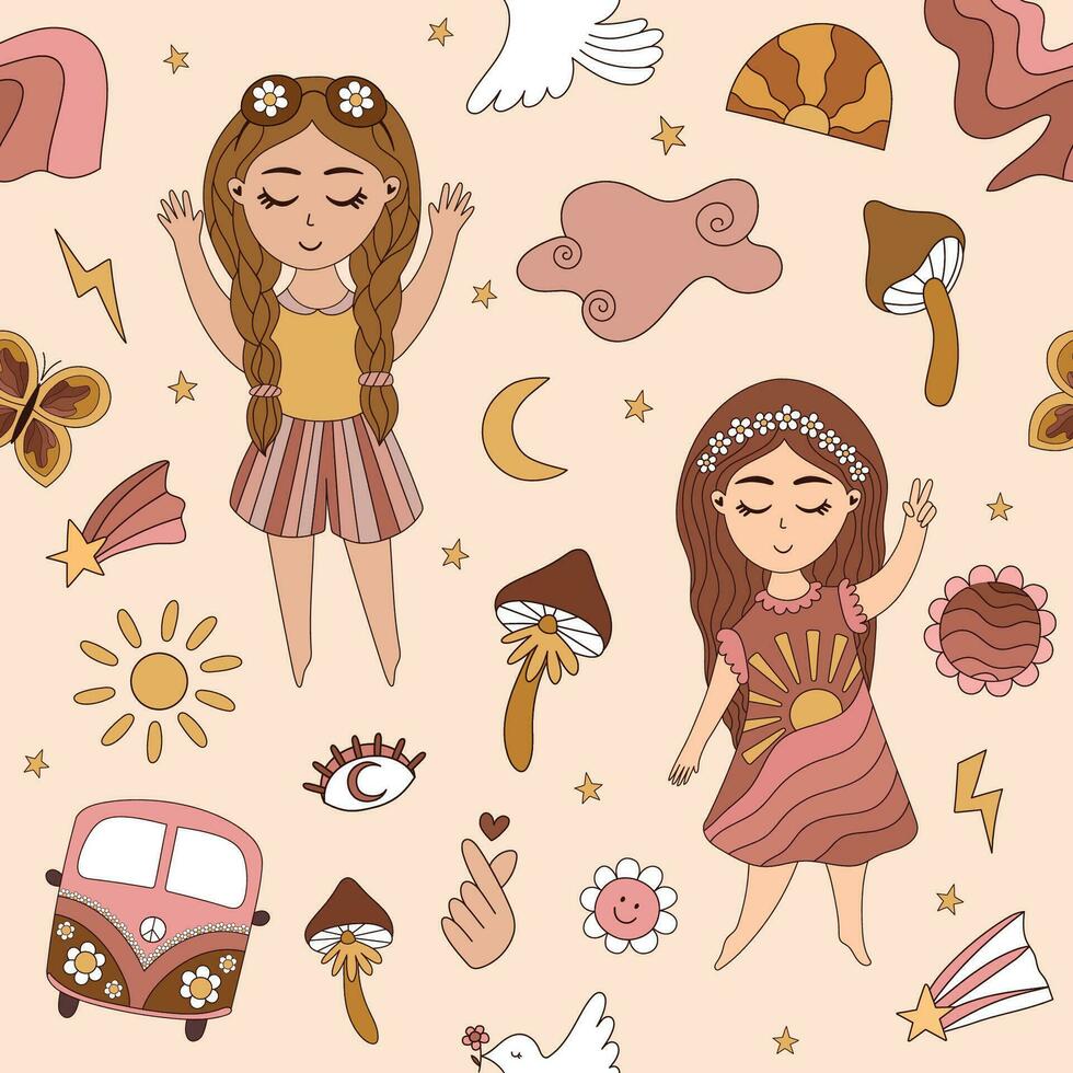 Retro seamless children's pattern. Fun vector illustration in groove style with outline with girls. Mushrooms, van, rainbow, peace, eyes, sun, stars, crescent, lightning