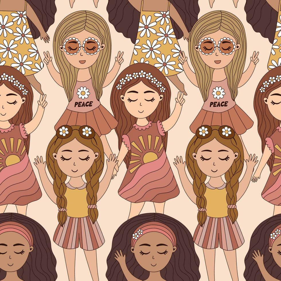 retro girls seamless pattern. Hand drawn vector illustration in retro style