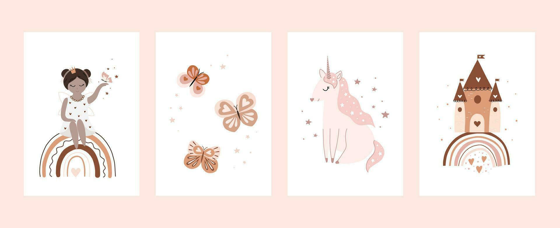 Cute cards in soft pastel colors for children. Hand drawn graphics for children's clothing. Use for printing, fashion children's clothing. Butterflies, unicorn, fairy and rainbow vector