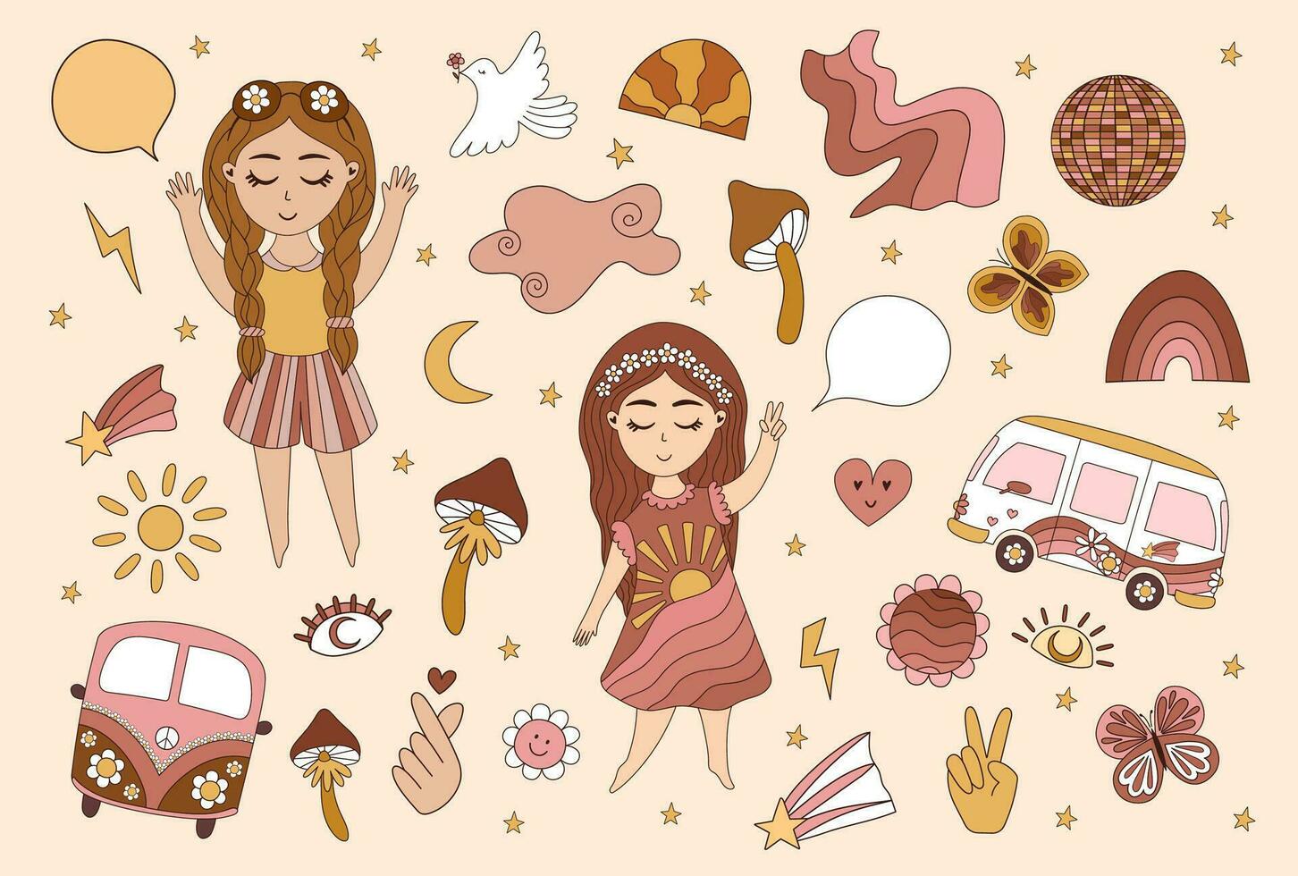 maravilloso hippie 70s colocar. gracioso dibujos animados flor, arcoíris, paz, amar, corazón, margarita, seta. grande colección de de moda retro psicodélico dibujos animados estilo elementos. aislado vector ilustración.