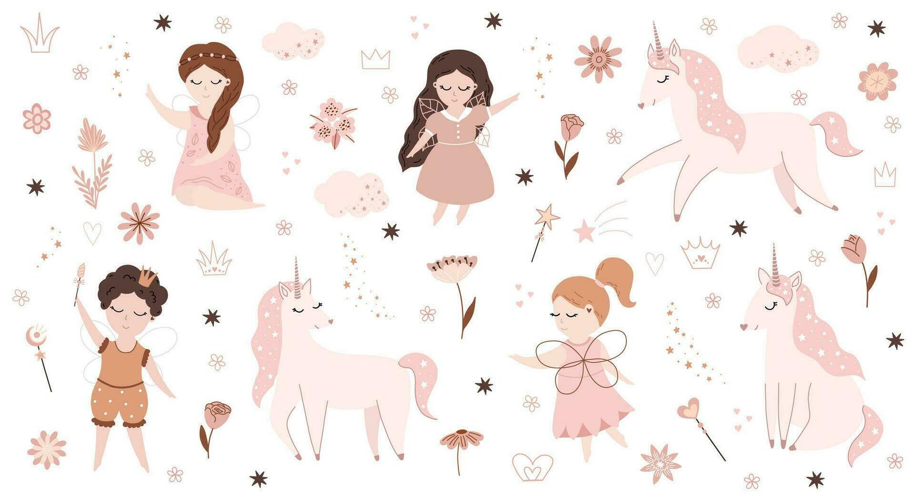 Vector childish cute set with fairy, stars, unicorn, rainbow and butterfly. Fairy with a magic wand vector illustration. Cartoon fairy for baby, girl.