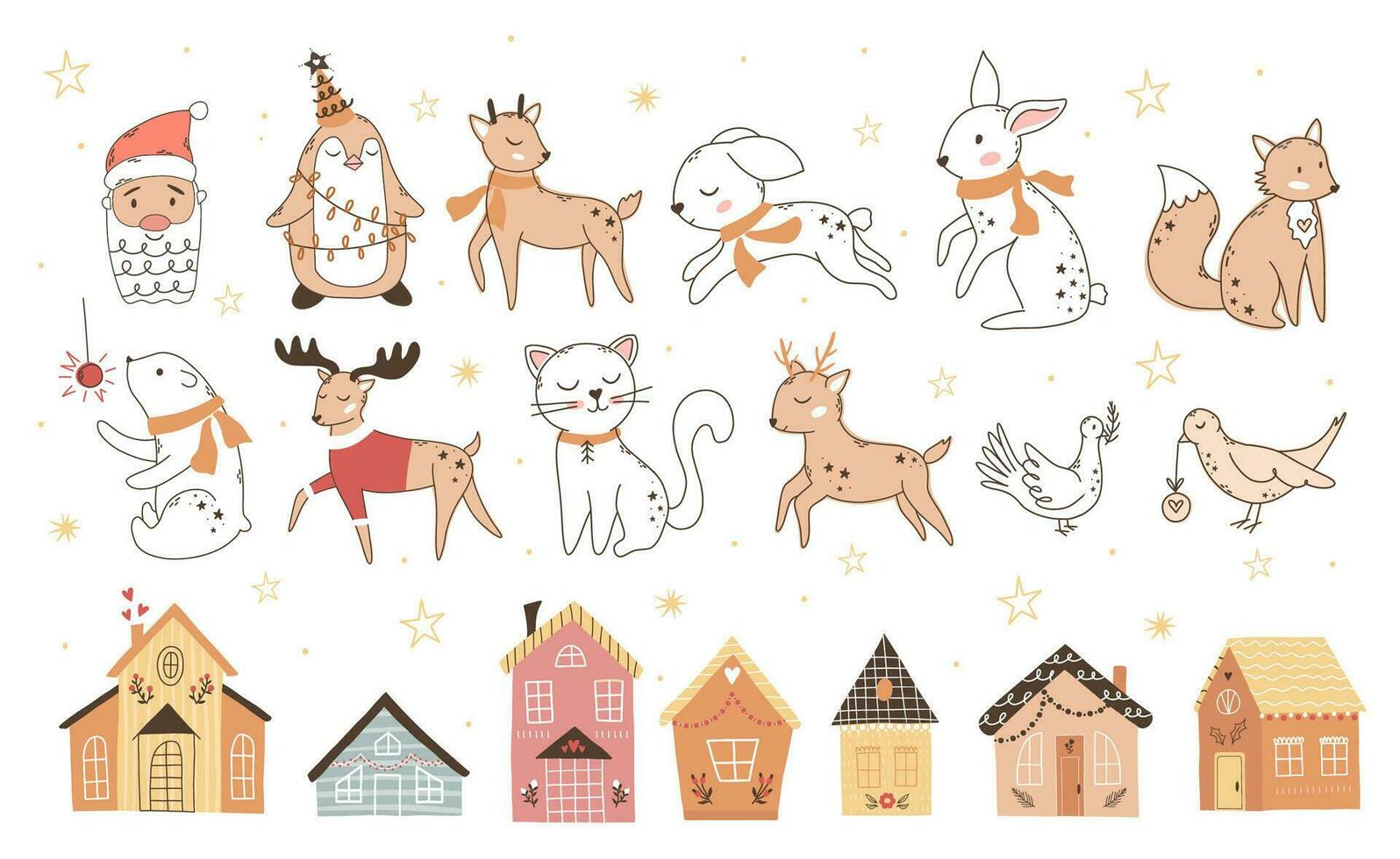 Merry Christmas set, New Year's set, with cute elements for design. Christmas house and cute animals. For cards, banners, website, icons, fabrics vector