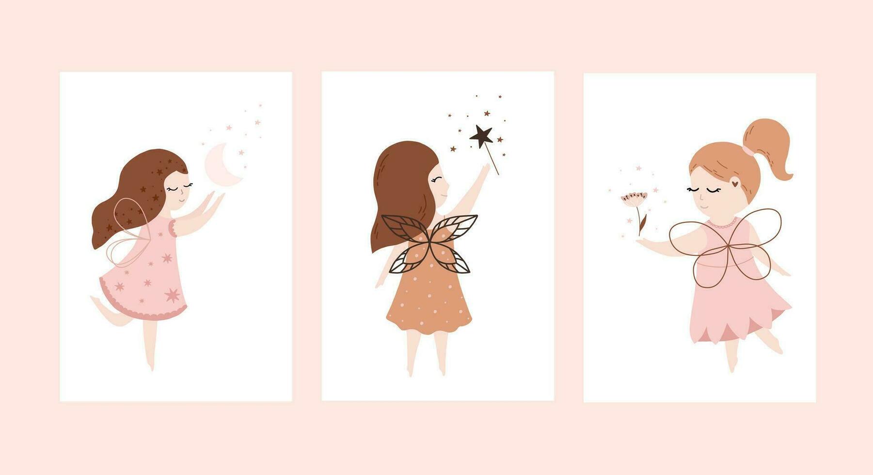 Cute beautiful little fairies set cartoon vector illustration. Baby fairy princess hand drawn illustration. Pastel and delicate colors for children's design