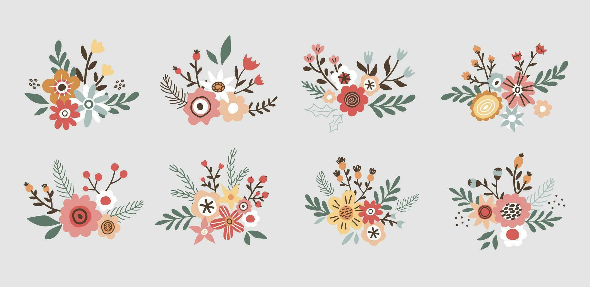 Flower collection with leaves, flower bouquets. Vector flowers. Spring art print with botanical elements in hand drawn style