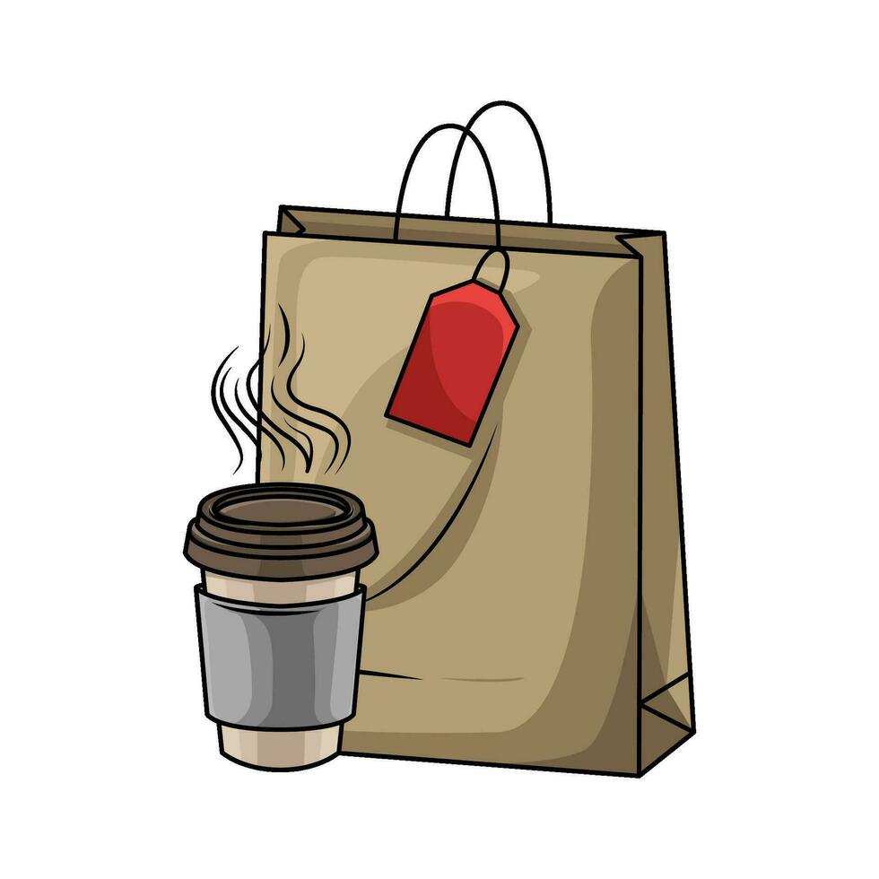 bolsa de papel con taza café bebida ilustración vector