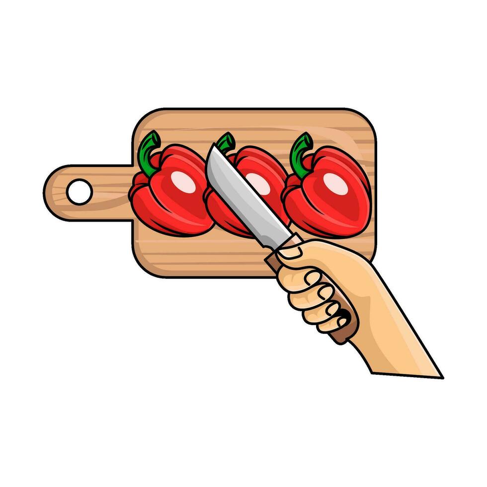 cuchillo en mano con pimientos en corte tablero ilustración vector