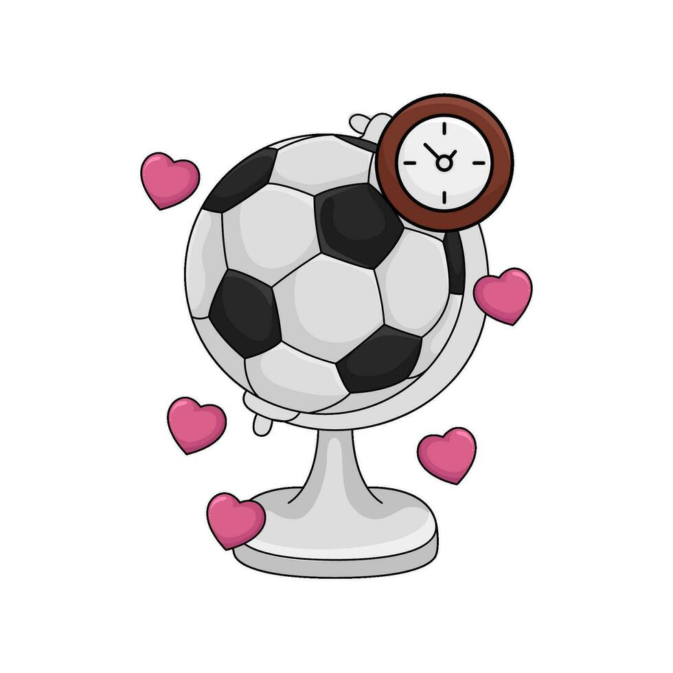 globe soccer ball, clock time with love illustration vector