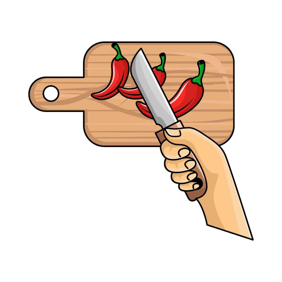 chile en corte tablero con cuchillo en mano ilustración vector