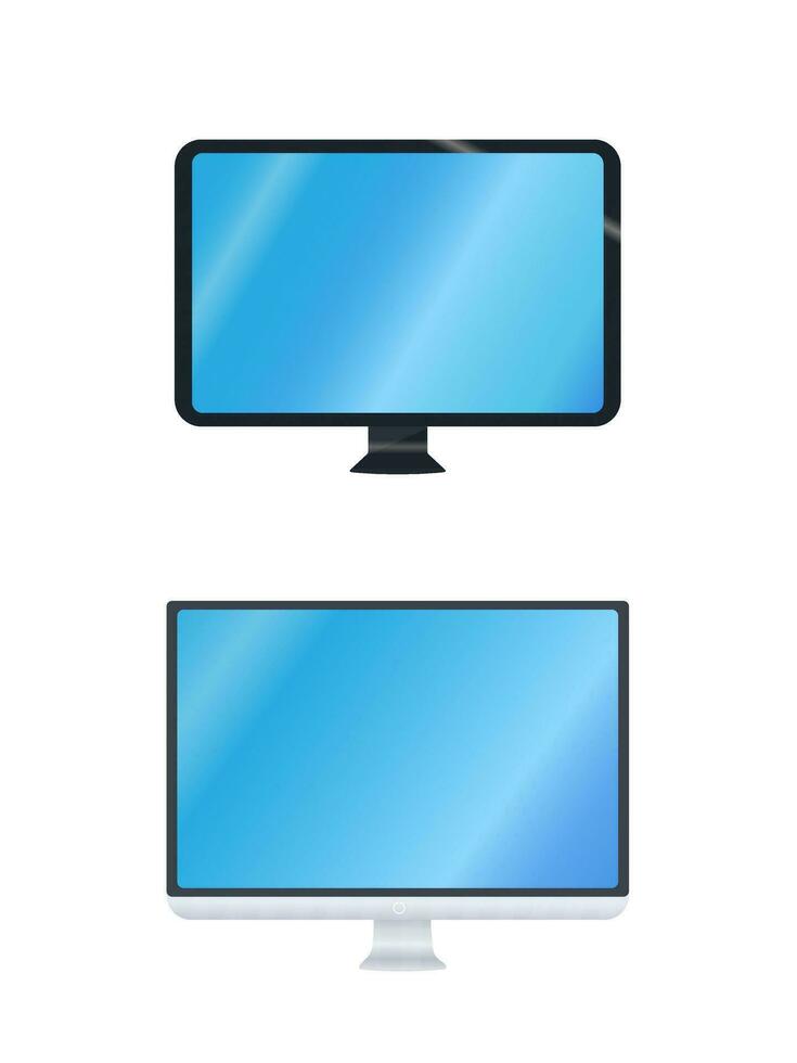 Several computers, monitors on a white background. Computer equipment vector