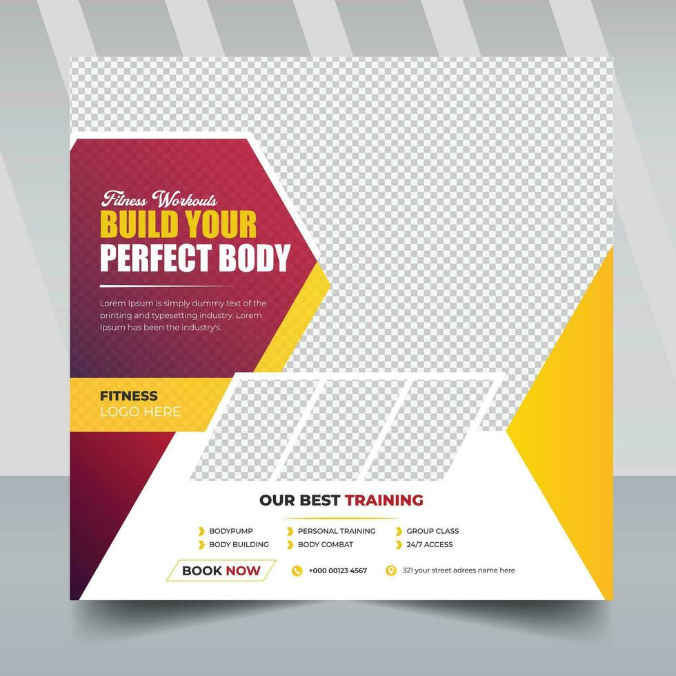 Gym and Fitness Promotion Post Sport Social media post template design with abstract yellow shape place for photo Suitable for social media, flyers, poster vector