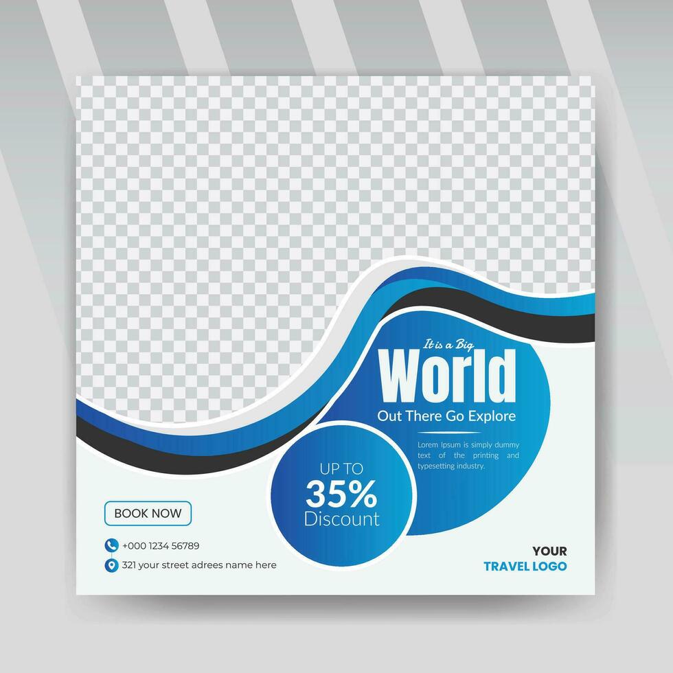Travel and tour sale promotion social media post template, Tourism business marketing flyer or poster with abstract layout, tourism and traveling online marketing flyer vector