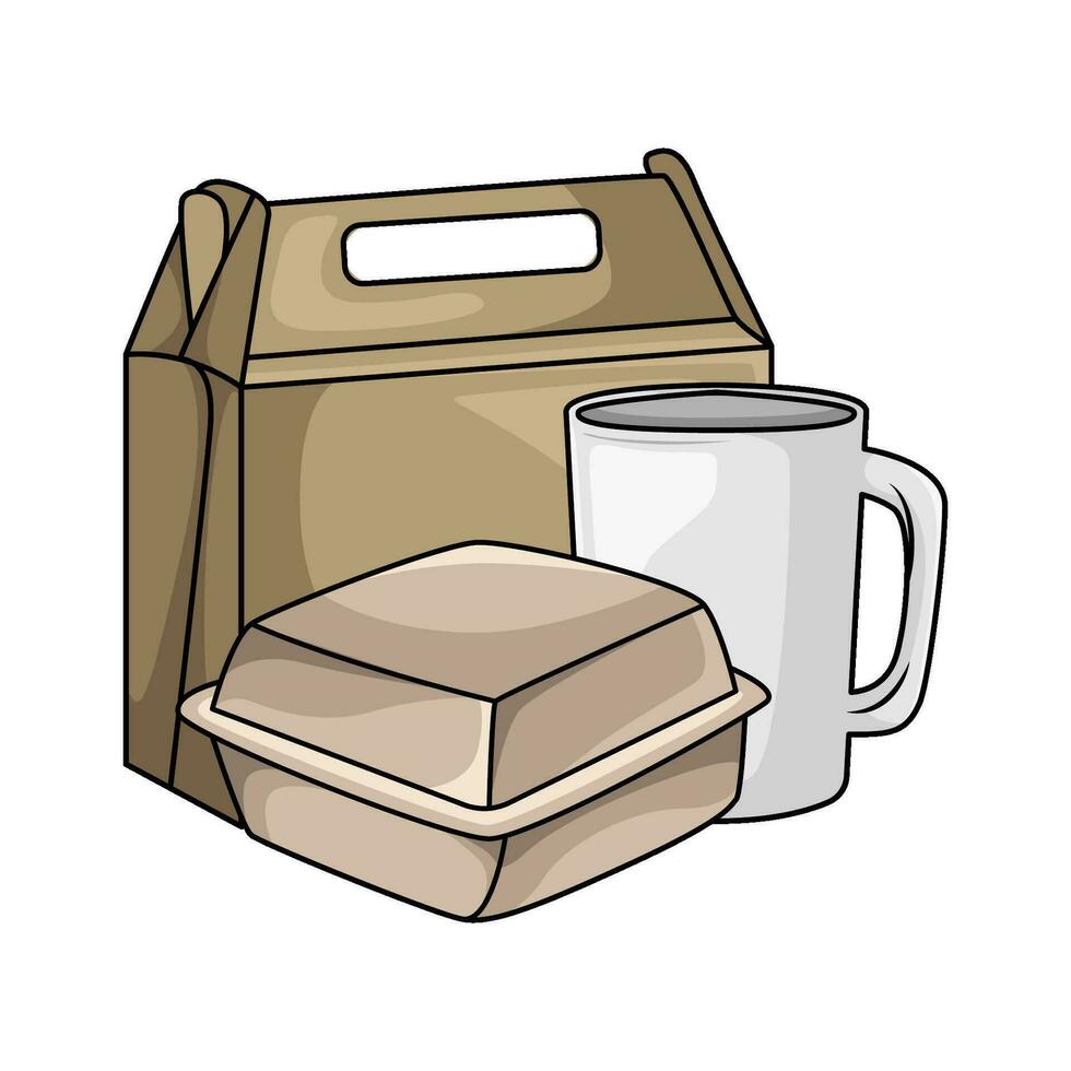 embalaje bolsa de papel, caja espuma de estero con vaso bebida ilustración vector