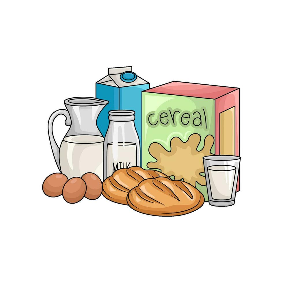 cereal caja, leche, Pastelería con huevo ilustración vector