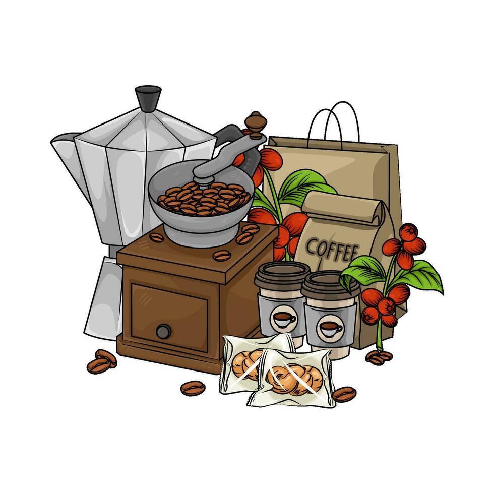 grinder, cup drink, paperbag, coffee bean with coffee fruit  illustration vector