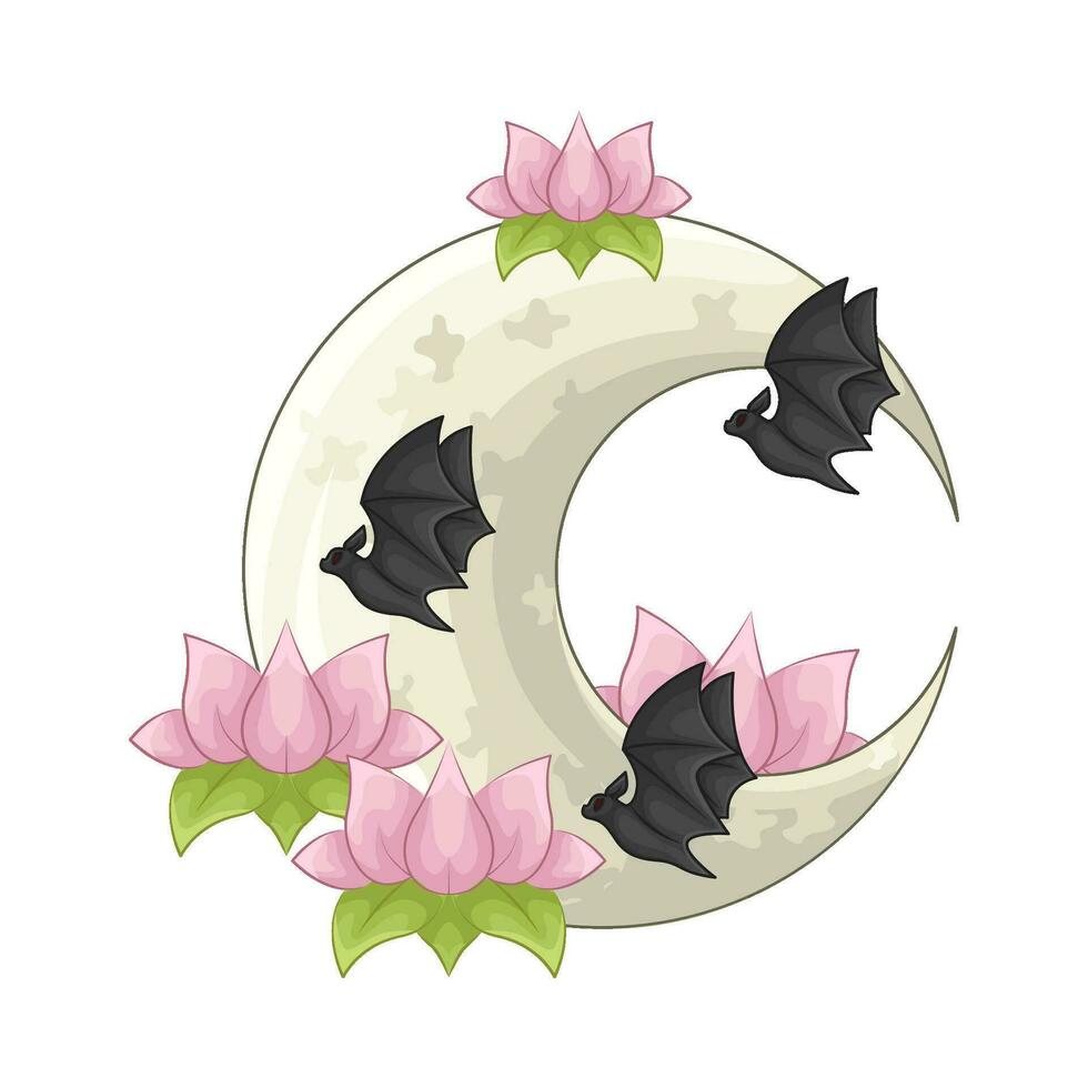 bat fly with flower in full moon illustration vector
