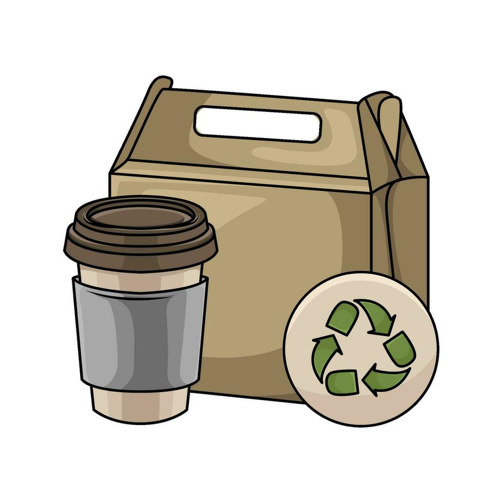 bolsa de papel, reciclar con taza café bebida ilustración vector