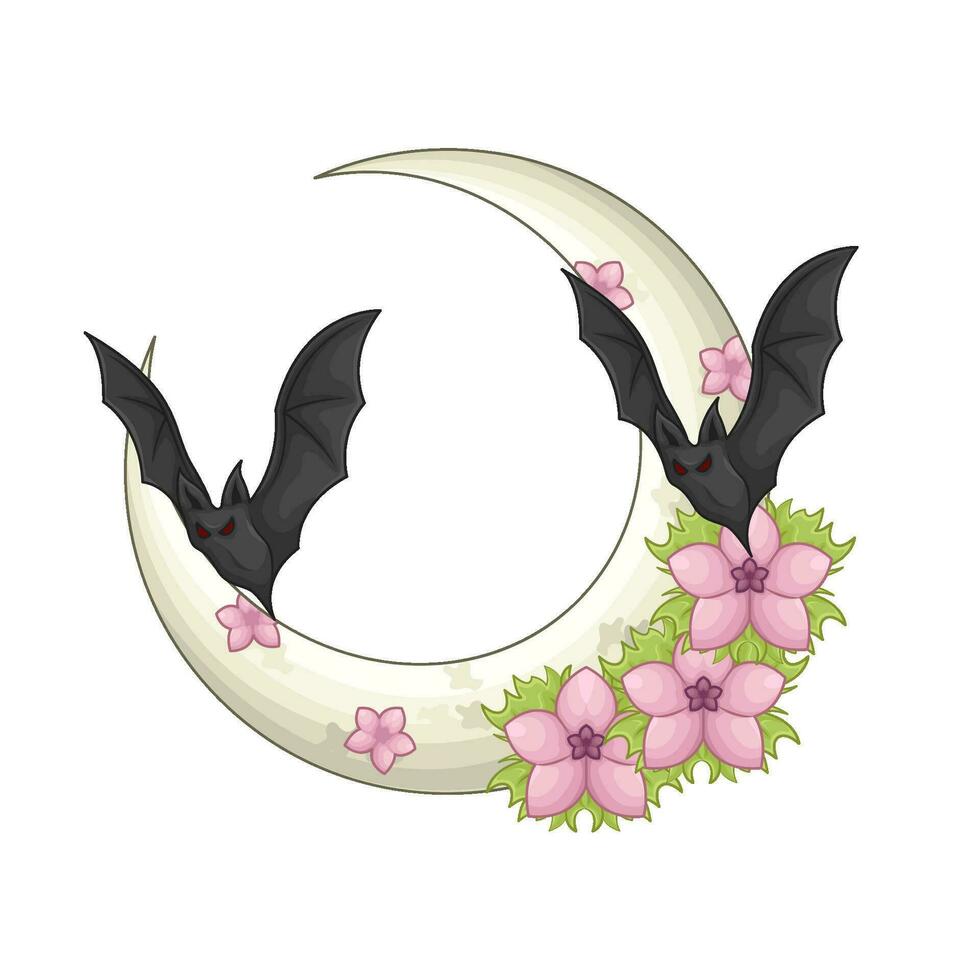 bat fly with flower in full moon illustration vector
