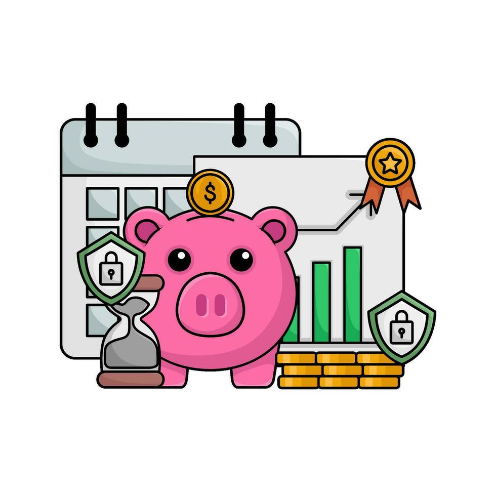 cerdito banco, dinero moneda, proteccion, reloj de arena, gráfico gráfico en papel con calendario ilustración vector