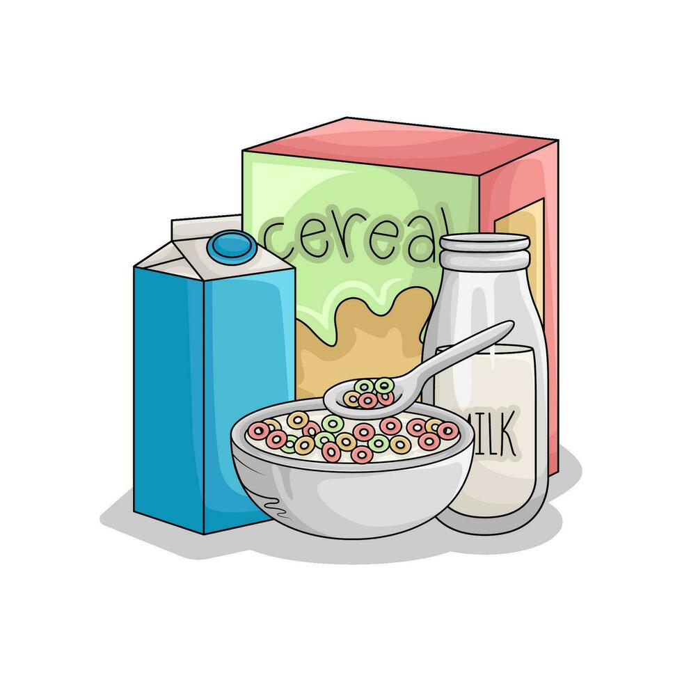 cereal box, milk with cereal in bowl illustration vector