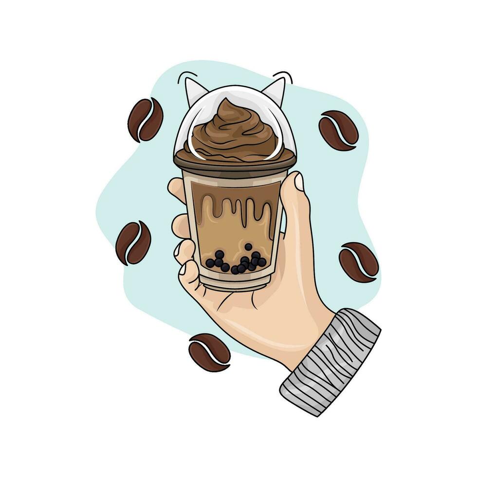 taza hielo crema café en mano con café frijoles ilustración vector