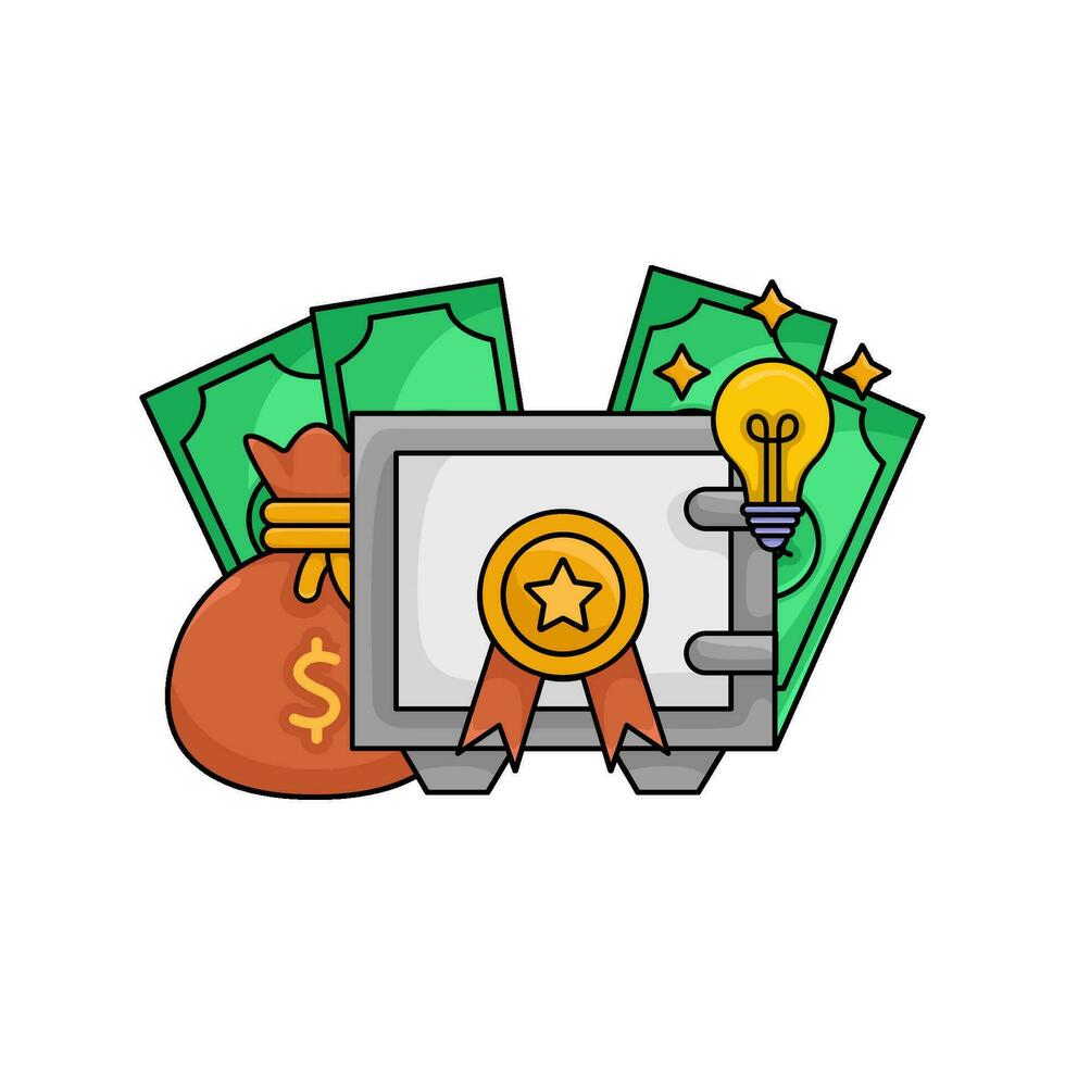 safe money, award ribbon, lamp, money bag with money illustration vector