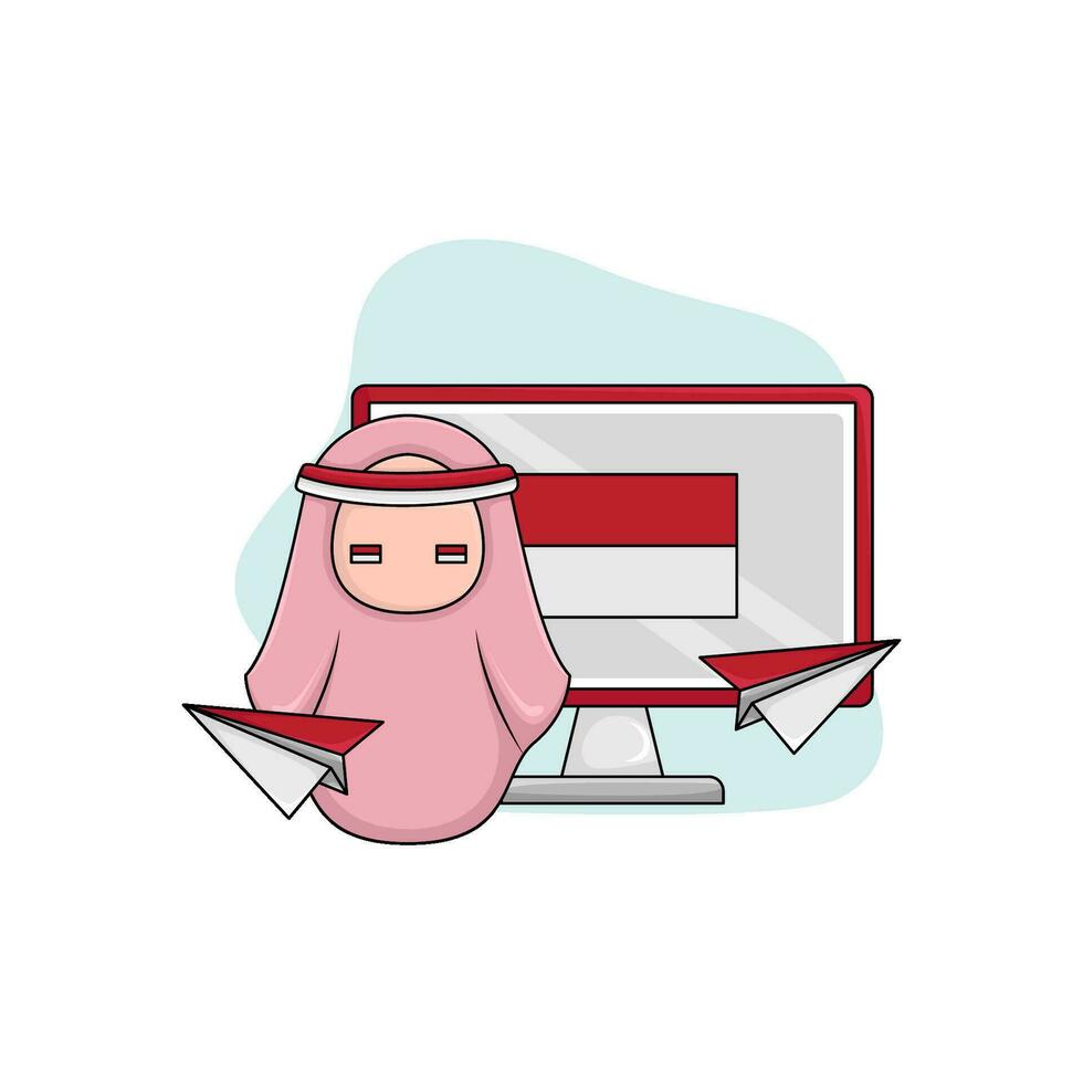 indonesia merdeka flag in computer with women illustration vector