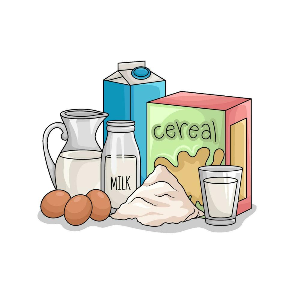 cereal box, milk, heat powder with egg illustration vector