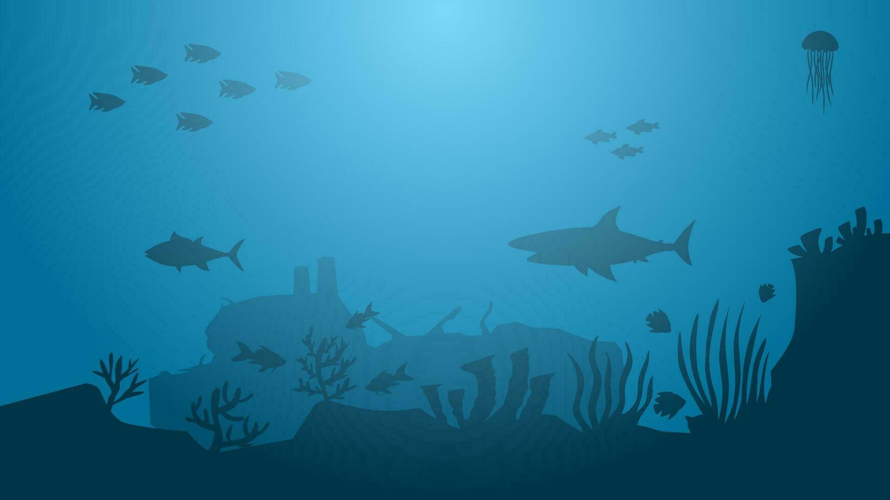 Seascape vector illustration. Scenery of shipwreck in the bottom sea with fish and coral reef. Sea world landscape for illustration, background or wallpaper