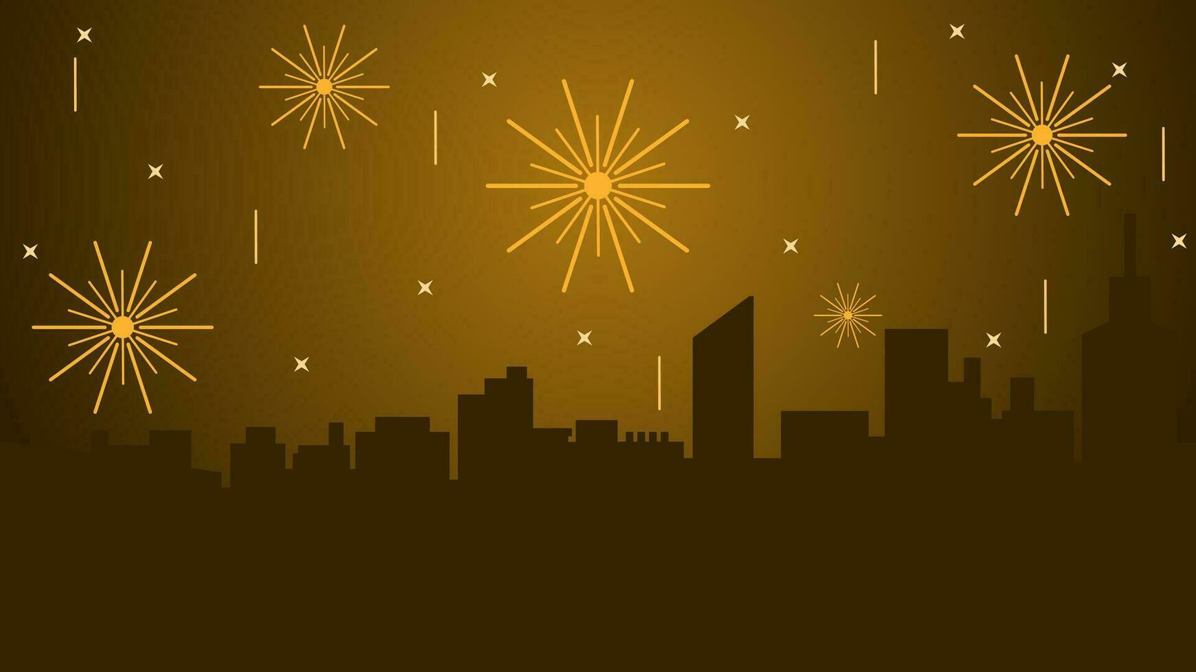 nuevo año paisaje urbano vector ilustración. paisaje de ciudad con espumoso fuegos artificiales en nuevo año evento. ciudad paisaje para ilustración, antecedentes o fondo de pantalla. ciudad silueta en el Fuegos artificiales festival