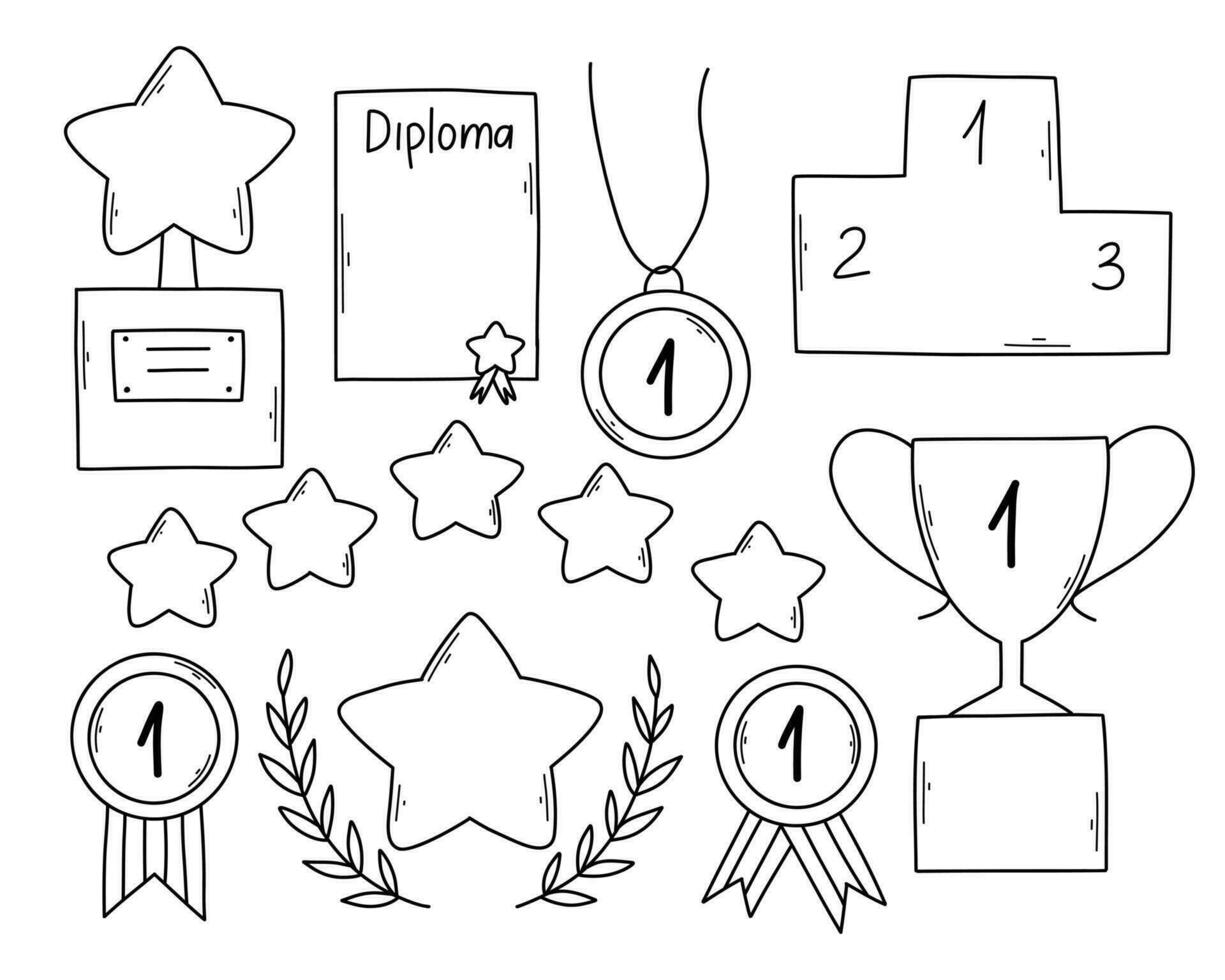 Set of premium awards icons in doodle style. Vector illustration. Linear awards, trophies, cups and diplomas.