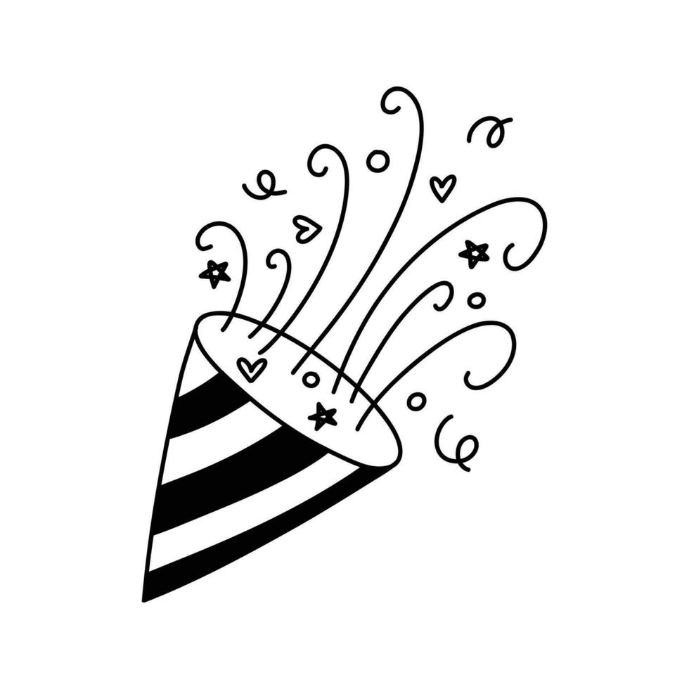 Party confetti popper. Isolated confetti, explosion, firecracker, celebration in doodle style. Vector illustration.