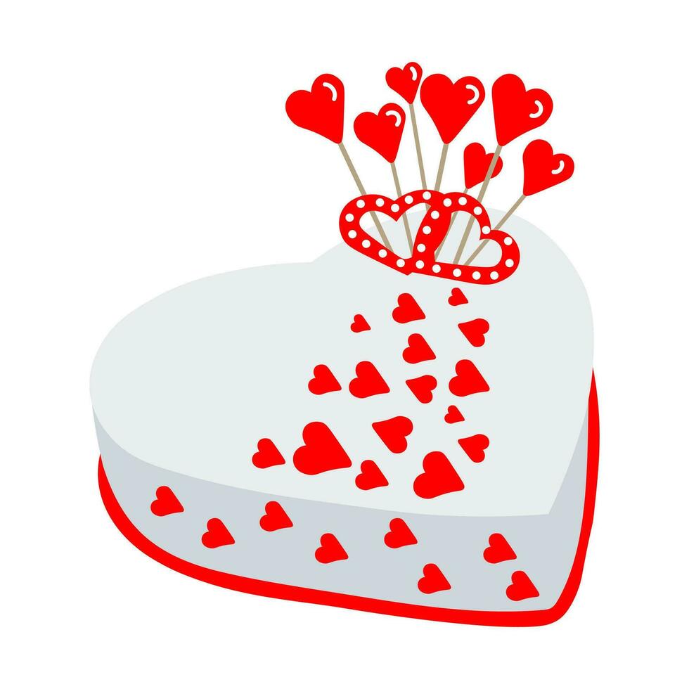 Birthday cake in the shape of a heart with red candy hearts. Festive illustration for Valentine's Day, vector