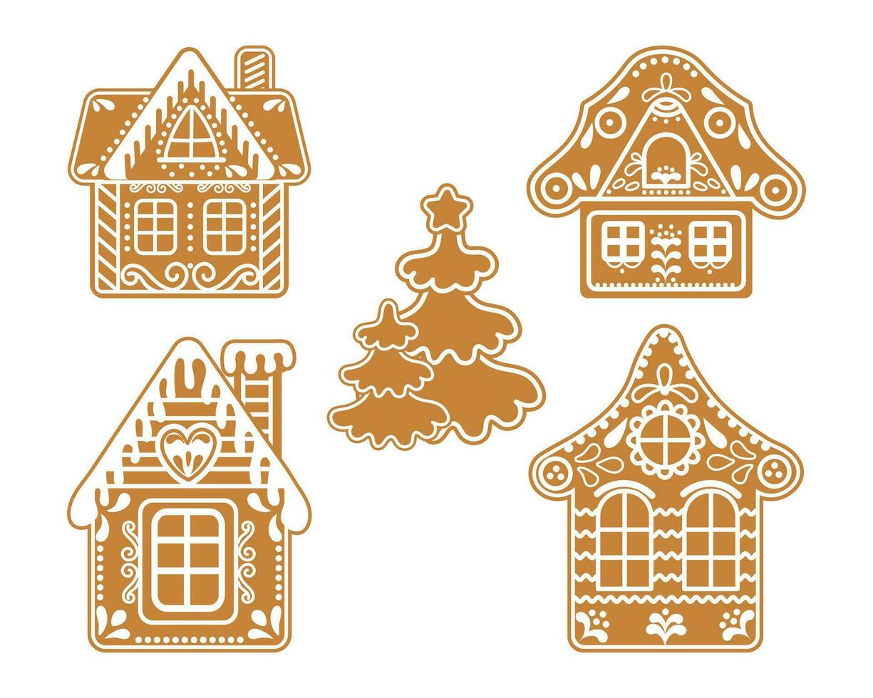 Set of gingerbread houses and Christmas trees. Festive decor elements, print, vector