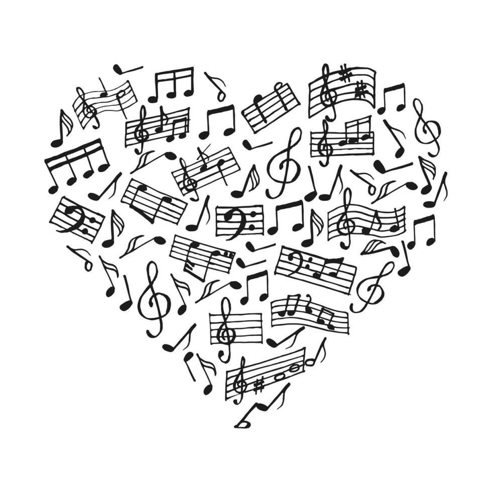 Heart made of musical notes and treble clefs. Print, illustration, vector