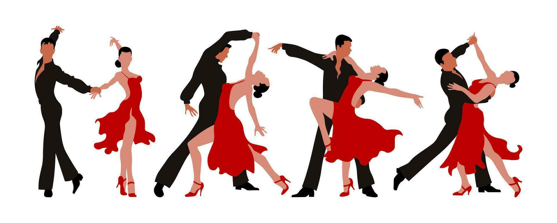 Dancing couples set. Man and woman dancing tango or waltz. Red and black design. Illustration, vector
