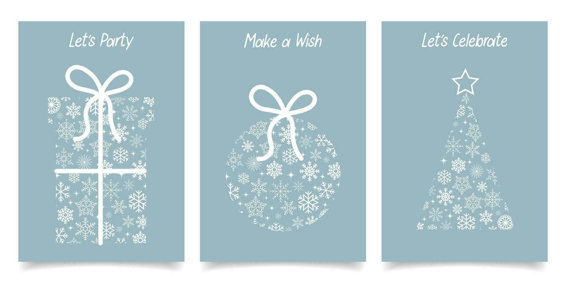 New Year cards with a gift box, a Christmas ball and a Christmas tree made of snowflakes. Templates in minimal style, vector